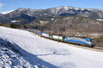 Am wunderschönen, winterlichen 12. Feber 2021 war der LTE 40521 bei -14 Grad mit den Loks 1216 920, 193 239 und der Inrail 190 311 unterwegs nach Tarvisio Boscoverde und wurde von mir auf der Apfelwiese bei Eichberg verewigt.