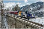 1116 077  Galileo-Michelangelo  Taurus schiebt einen railjet über das Krausel Klause Viadukt, nahe Breitenstein. 
6.1.2015