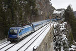 Der Railjet 78 wurde a 4.1.2017 aus einer CD-Railjetgarnitur mit blauer Lok (1216 236) gebildet. Hier überquert der Zug am Weg nach Praha hl.n. das Krausel-Klause-Viadukt bei Breitenstein.