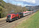 Die 470 503  Richard Wagner  war am 04.04.2021 mit dem EC 151  Emona  auf der Relation von Wien Hauptbahnhof nach Spielfeld-Straß unterwegs, und wurde von mir bei Mautstatt fotografiert.