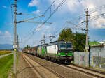 Feldkirchen. Ein Güterzug, angeführt von 193 761 der ELL, fährt hier am 30.08.2024 in kürze durch den Bahnhof Flughafen Graz-Feldkirchen.