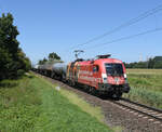 Die 1016 048  Florian  bespannte Mitte Juli 2024 einen Kesselzug von Stadlau nach Spielfeld-Straß, und wurde dabei von mir in Wildon fotografiert. Im Hintergrund zu sehen sind die aktuell höchsten Bauwerke der Steiermark nämlich die jeweils 175 Meter hohen Schornsteine des Fernheizkraftwerkes bzw. jene des Gas- und Dampfkraftwerks Mellach