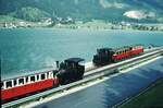 Achenseebahn__Hochbetrieb am Achensee. Vorne ein talwärts fahrender Zug moit Lok 1, dahinter mit Lok 2 wird noch rangiert.__27-08-1973