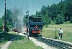 Achenseebahn__Station 'Eben'. Zugkreuzung. Lok 1 kommt gerade an von Jenbach. Lok 3 mit ihrem Zug vom Seespitz muß warten._11-08-1973