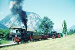 Achenseebahn__Station 'Eben'. Zugkreuzung. Lok 3 kommt aus Jenbach an. Lok 1 mit ihrem Zug kommt vom Seespitz.__08-1973