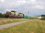 Darauf habe ich lange gewartet.Am 01.06.2008 war es soweit:  Der Kalkzug 61036 ist mir mit den beiden Dieselloks  1504 002 + 1504 001 in Wartberg/Kr.