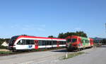 Auf der Steiermärkischen Landesbahn haben  GTW 2/6 den Betrieb übernommen. 
Der hier abgestellte Steuerwagen versah lange Jahre brav seinen Dienst in Weiz. Preding am 17.07.2017 
