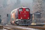 Die verkehrenden Doppelstockzüge sind zumeist aus 2 bi 4 Wagen gebildet. Das wie in diesem Fall nur ein Steuerwagen an der Lok hängt ist Planmäßig seit Ende der Regelmäßigen Postverkehre das erste mal . Deutschlandsberg am 20.12.2013 