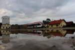 Nasse  Füße  bekam dieser gen Wies fahrende GTW 2/8 heute nicht. Anders hingegen am vergangenen Samstag an dem durch starke Unwetter der Bahnhof Voitsberg Überflutet wurde. Halte und Ladestelle Schwanberg am Nachmittag des 4. August 2014 