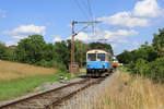 Der Altlacktriebwagen der Gleichenberger Bahn verlässt gerade die Station Trautmannsdorf in Richtung Feldbach.