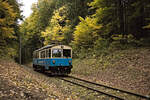 Triebwagen ET1 der Gleichenbergerbahn auf der Fahrt nach Bad Gleichenberg kurz vor Gnas in einem dunklen Waldabschnitt.