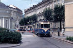 Baden WLB-Zug (bestehend aus ehemaligen Kölner Trieb- und Steuerwagen, ex-KVB; Hersteller: DWM Berlin) Josefsplatz am 13. Juli 1975. - Scan eines Diapositivs. Kamera: Minolta SRT-101.