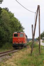 WLB 2143.21 vor dem R 16972  Reblaus Express  am 13.Juli 2013 vor dem Bf.