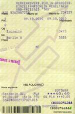 SZCZECIN (Woiwodschaft Westpommern), 09.10.2010, Fahrkarte für eine einfache Fahrt nach Berlin im VBB-Tarif -- Fahrkarte eingescannt