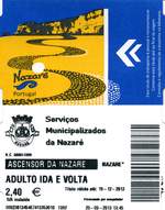 NAZARÉ (Distrikt Leiria),20.09.2013, Fahrkarte für die Hin- und Rückfahrt mit dem Ascensor de Nazaré, einer Zahnradbahn, die auf einer 318 Meter langen Strecke mit einer Steigung von 42 % einen Höhenunterschied von 110 Metern überwindet -- Original-Fahrkarte eingescannt