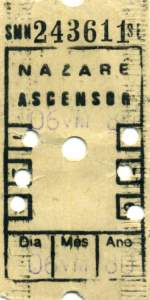 NAZARÉ (Distrikt Leiria), August/September 1985, 6er-Ticket für den Ascensor de Nazaré, einer Zahnradbahn, die auf einer 318 Meter langen Strecke mit einer Steigung von 42 % einen Höhenunterschied von 110 Metern überwindet -- Fahrkarte eingescannt