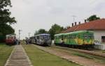 Der ehemalige DR Triebwagen hlt mit Motorwagen 79.0136 als vierteilige  Garnitur auf dem Weg nach Timisoara am 11.5.2010 im kleinen Landbahnhof  Crpinis.