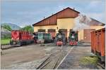 87-0015-5, 764.408  Cozia 1 ,87-0033-8, 764.435  Bavaria  und 764.211  Mariuta  vor dem Lokschuppen in Viseu de Sus.