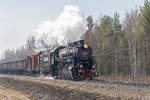 Die Dampflokomotive Л-3348 läuft mit einem Güterzug bei Probefahrt zwischen Bahnhöfe Krapivenskaya und Stodolishche in Smolensk Oblast am 25. April 2006.  