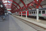 Blick in die Bahnsteighalle des Bahnhofs Malmö C mit dem vormittäglichen Schnellzug nach Stockholm.