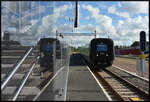  Paralleleinfahrt  des Öresundståg X31K/ET 4400 am 11.08.2024 in den Bahnhof Ängelholm auf Gleis 3.