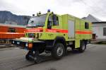 Rettungsfahrzeug Schiene/Strasse der Feuerwehr Lavin (RhB) Xm 2/2 9928, hier ausgestellt im Depotgelände Landquart zum Jubiläum 125 Jahre RhB.