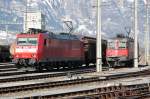 Momentaufnahme,DB und SBB E-Loks eintrchtig nebeneinander im Rangierbahnhof Buchs/SG. 29.02.12