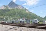 Stimmungsbild,das Bahnhofsvorfeld von Sargans mit dem  Eisenberg  Gonzen.Auf einem Abstellgleis der neue Stadler Dosto(KISS) fr die BLS AG.der z.Zt auf  Testfahrten ist.Sargans 15.05.12