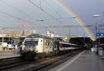 Die SBB Re 460 105  Eule  beim Halt am 1. April 2018 mit dem IC nach Chur im Zürich HB.

Durch den Regen und die tiefstehende Sonne, ergab sich diese einmalige Stimmung: Einmalig, weil die  Eule  nie mehr mit ihrem VSLF-Look nach Zürich fahren wird und auch das sie am nächsten Tag nach Bellinzona fuhr, wo dann ihr VSLF-Look entklebt wurde.