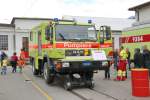 Tag der offenen Tür in Landquart.Schienen/Strassenfahrzeug der RhB Feuerwehr.