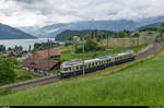 BCFZe 4/6 736 der BLS erreicht am 14. Juni 1982 als Regionalzug Spiez-Thun gerade die Haltestelle Kumm am Thunersee - so könnte der Titel dieses Bildes lauten, wären da nicht die modernen Fahrleitungsmasten. Der historische  Blaue Pfeil  der BLS war am 14. Juni 2015 auf einer Extrafahrt für den Tramverein Bern, der das Fahrzeug im Jahr 1999 vor dem Alteisen gerettet hat, unterwegs. Das Fahrzeug wurde 2012 von der BLS für einen symbolischen Preis vom Tramverein zurückgekauft und ist seit Herbst letzten Jahres wieder in altem Glanz unterwegs für Extrafahrten, zu Bahnjubiläen oder in diesem Sommer auch mal wieder wie in alten Tagen als Regionalzug Spiez-Interlaken. Die Haltestelle Kumm wurde 2001 geschlossen und der Regionalverkehr zwischen Thun und Spiez auf die Strasse verlagert, da die Regionalzüge kaum mehr in den engen Fahrplan passten und die Orte per Bus besser erschlossen werden können.