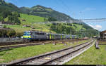 BLS Re 4/4 II 501 schiebt am 4. Juli 2020 einen RE Zweisimmen - Interlaken Ost aus dem Bahnhof Erlenbach im Simmental.<br>
Noch in diesem Herbst soll der Umbau des Bahnhofs starten. Dabei werden u. a. zwei neue BehiG-gerechte Aussenperrons gebaut und die Bahnanlage erneuert.