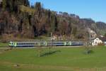 BLS: RE Luzern-Bern mit einem EW |||-Pendel ex SBB bei Wolhusen am 5. Januar 2015. Am Zugsschluss schiebt eine Re 465.
Foto: Walter Ruetsch