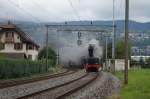 Anlsslich der 150 Jahre Jura Feier fhrt Zug 33654 von Biel nach Lyss.
Am Zug die Lok  Genf  , dahinter die  Limmat . Beide unter Dampf
