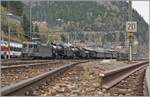 Der Zweck der Rangierfahrt in Göschenen der B 3/4 1367 (SBB Historic) war die Einreihung in den  Dampfzug der Elefanten : die C 5/6 2978 und 2969 fuhren mit einem historischen Zug über den Gotthard und brauchten Hilfe: auf den Nordrampe von der B 3/4 1367 als Schublok am Schluss des Zuges und nun zur Vermeidung von zu viel Rauch im Gotthardtunnel von der SBB Re 4/4 II 11161. 
Das Bild zeig den in Kürze in Göschenen abfahrenden Zug und auch dass die B 3/4 1367 Vorspanndienst gewohnt ist; ist sie doch hier erst an vierter Stelle eingereiht.

Zum Fotostandpunkt: während des Aufenthaltes des Elefantenzug in Göschenen wurde das Betreten nicht genutzter Gleise durch den Veranstalter toleriert, ein Angot, welches bei diesem Bild gerne ausgenutzt wurde.

21. Oktober 2017