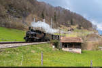 Am 18.04.2021 ist G 3/4 208 der Ballenberg-Dampfbahn auf Instruktionsfahrt von Meiringen nach Interlaken Ost und konnte hier vor Ringgenberg aufgenommen werden.