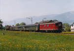 ERINNERUNGEN AN DIE SBB-STRECKE SOLOTHURN - BÜREN AN DER AARE
VON WALTER RUETSCH

Von der 1876 eröffneten Bahnstrecke Solothurn – Lyss ist der Abschnitt zwischen Solothurn und Büren seit 1994 ausser Betrieb. Ersetzt wurde er durch die Buslinie 8. Zurzeit sind nur noch Anschlussfahrten für den Güterverkehr ab Solothurn Hauptbahnhof bis Rüti bei Büren mit Diesellokomotiven möglich. Das bei Bedarf an Werktagen verkehrende Güterzugspaar befördert die Wagen mit einer Am 4/4 zwischen Solothurn und Arch. Die Rangierfahrten zwischen Arch und Rüti bei Büren werden mit der firmeneigenen Rangierlok durchgeführt.

Die Fahrleitungen wurden bereits kurz nach der Betriebseinstellung entfernt.

Auch die Dampffahrten des Dampfbahnvereins Bern mussten schon vor Jahren eingestellt werden, weil eine Unterführung in Büren in einem schlechten Zustand ist.

Regionalzug mit der Re 4/4 I 10044 zwischen Leuzigen und Lüsslingen im April 1994.
Ab und zu wurde auch den Regionalzügen Güterwagen mitgegeben.