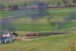 IGE-Abschiedsfahrt vom  Blauen Fernschnellzug . 

In der Steigung zum Col Pierre Pertuis schiebt Re 4/4 I 10009 nach. Corgémont, März 2019.