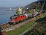 Die SBB Re 420 254-5 ist kurz vor Villeneuve mit eine Güterzug Richtung Wallis unterwegs.