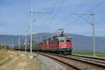 JAHRESRÜCKBLICK 2018
von Walter Ruetsch
Serie Nr. 6
Am 16. Oktober 2018 haben mehrere Fahrzeuge von SBB-Historic das Depot Vallorbe für immer verlassen.
Doppeltraktion Re 4/4 11195 und Re 4/4 11197 von SBB Personenverkehr mit Am 51 85 19-70 005, ABm 51 85 30 - 70 009 sowie ABm 51 85 30 - 70 023 bei Arnex.
