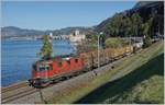 Die SBB Cargo Re 420 298-2 ist vor der Kulisse des Château de Chillon bei Villeneuve mit einem Güterzug unterwegs.