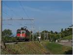 Die SBB Re 4/4 II 11245 (Re 420 245-1) auf der Fahrt in Richtung Palézieux kurz nach La Conversion, dessen Einfahrsignale im Hintergrund noch zu sehen sind.