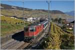 Die SBB Re 4/4 II 11158 (und am Zugsschluss eine weitere Re 4/4 II) mit einem Dispozug in Richtung Lausanne bei der Ausfahrt in Cully.