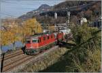 Die SBB Re 4/4 II 11332 (Re 420 332-0) und  Re 420 289-1 (ex Re 4/4 II 11289) sind mit einem Güterzug in Richtung Wallis kurz vor Villeneuve unterwegs und passieren ein paar wenige, noch mit mit