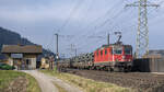 Re 420 325-3 ist mit einem Ganzzug, beladen mit Mowag Eagle I aus dem Wallis kommend nach Wohlen AG unterwegs, aufgenommen zwischen Hendschiken und Dottikon am 19.01.2022.