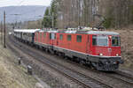 Re 4/4 II 11191 und 11199 sind im Wald zwischen Rupperswil und Lenzburg mit dem VSOE unterwegs in den Süden, aufgenommen am 29.03.2022.