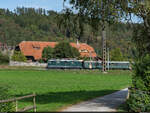 DSF Re 4/4 II 11173 / Ostermundigen, 17. September 2023<br>
Extrazug Brig - Brugg für die Gemeinde Möriken-Wildegg<br>
Ein IC-2000-Bt wurde digital aus dem Bild entfernt.