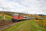 Die Re 4/4  11154 zieht einen Fussballsonderzug aus Basel durch Auvernier Richtung Lausanne. 29.10.2023