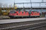 Re 4/4 II 11313 (UIC: Re 420 313-9) und die zugkrftigere, aber langsamere Re 4/4 III 11360 (UIC: 430 360-8) eilen im Bahnhof Zrich-Altstetten am 16.11.09 ihrem nchsten Einsatz entgegen.