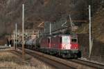 11339  und 11666  Stein am Rhein  mit einem gemischten Gterzug, auch wenn hier noch Kesselwagen zu sehen sind, bei Biasca 29.12.10